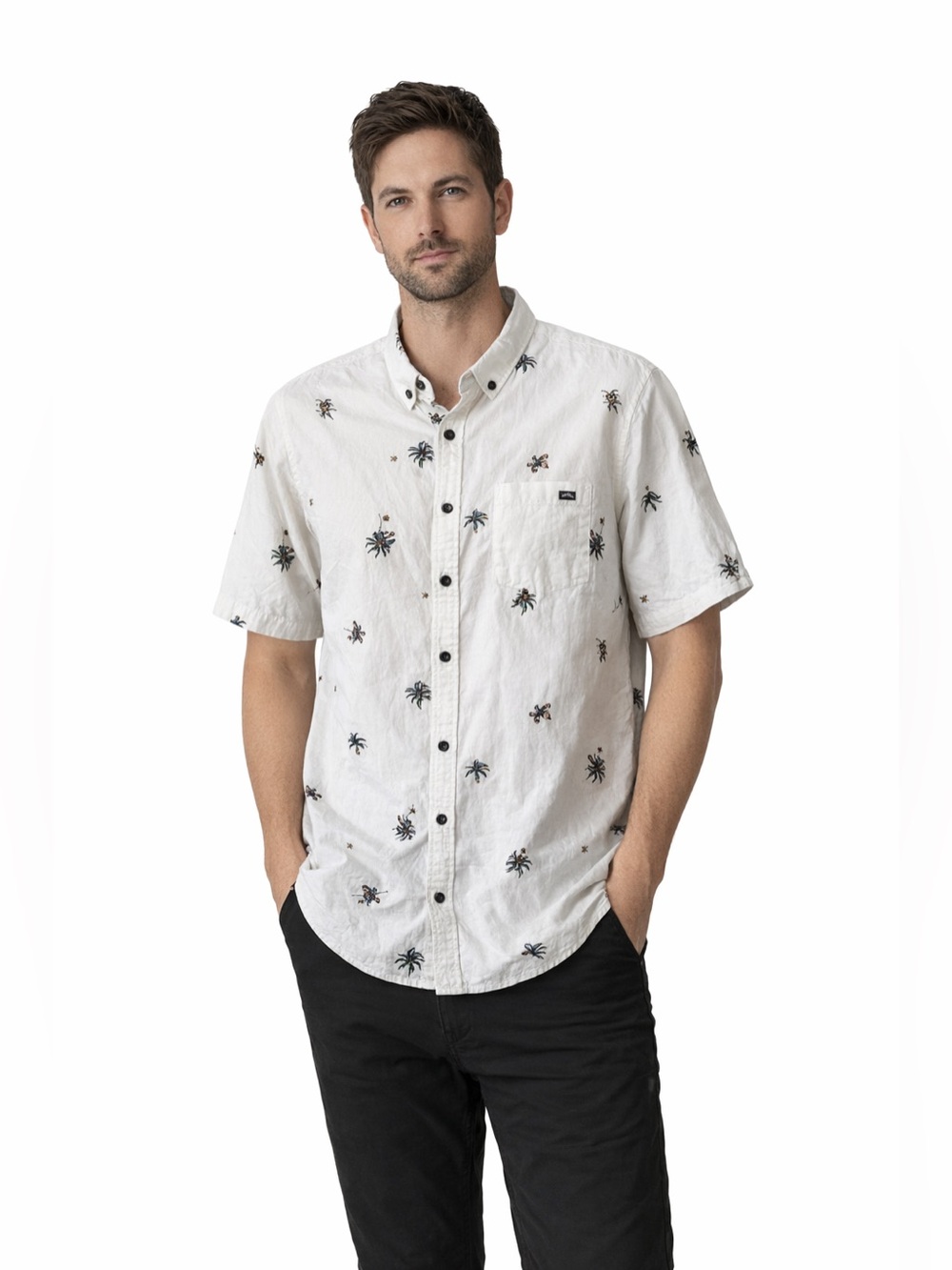 Billabong Men's Cream Short Sleeve Shirt with tropical floral Pattern